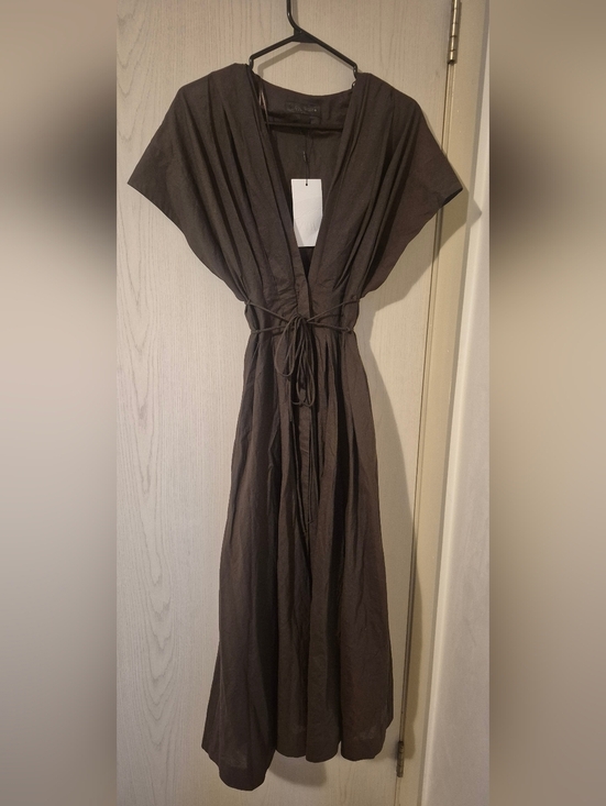 Zara Dresses & Skirts - Zara Brown Cotton Tie Waist Midi Dress with Pockets (M)